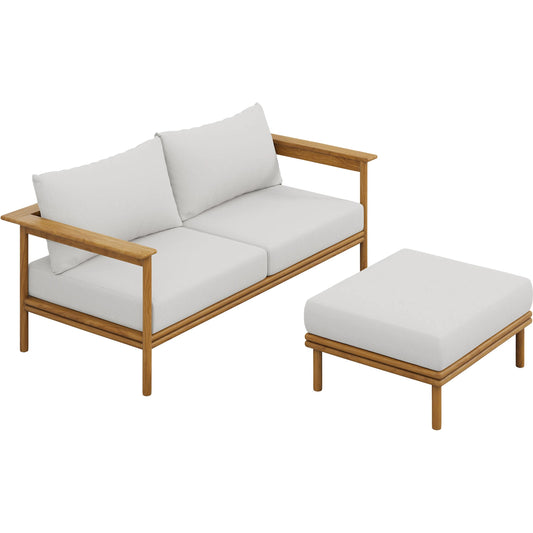 Osawatomie Outdoor 2-Piece Teak Wood Sofa and Ottoman Set by Evans & Londeen. Made from teak wood in a unique style.