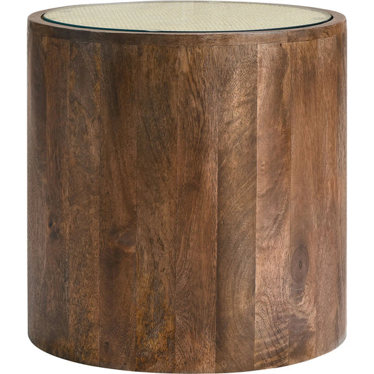 Manhattan Round Wood Rattan Side Table by Evans & Londeen in walnut. Made from wood rattan in a unique style.