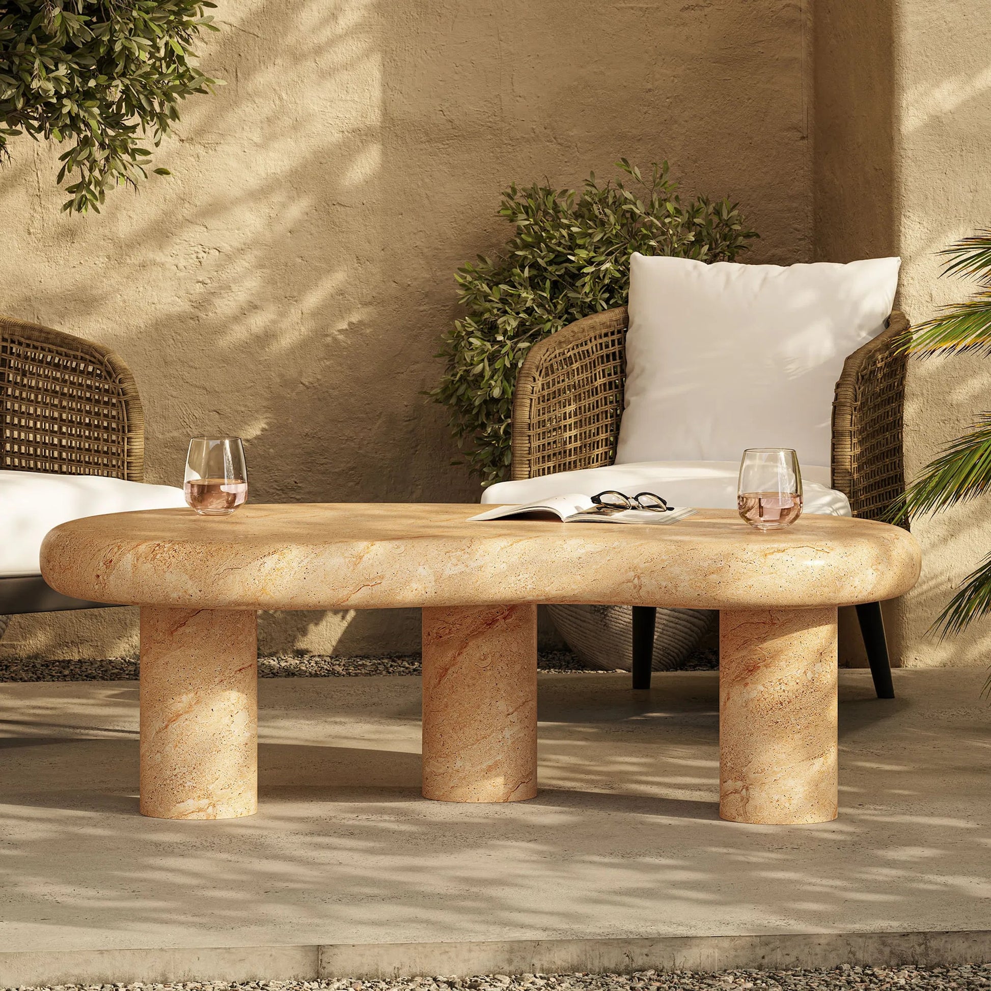 Maury Indoor - Textured Faux Travertine Coffee Table by Evans & Londeen in travertine. Made from textured faux travertine in a transitional style.