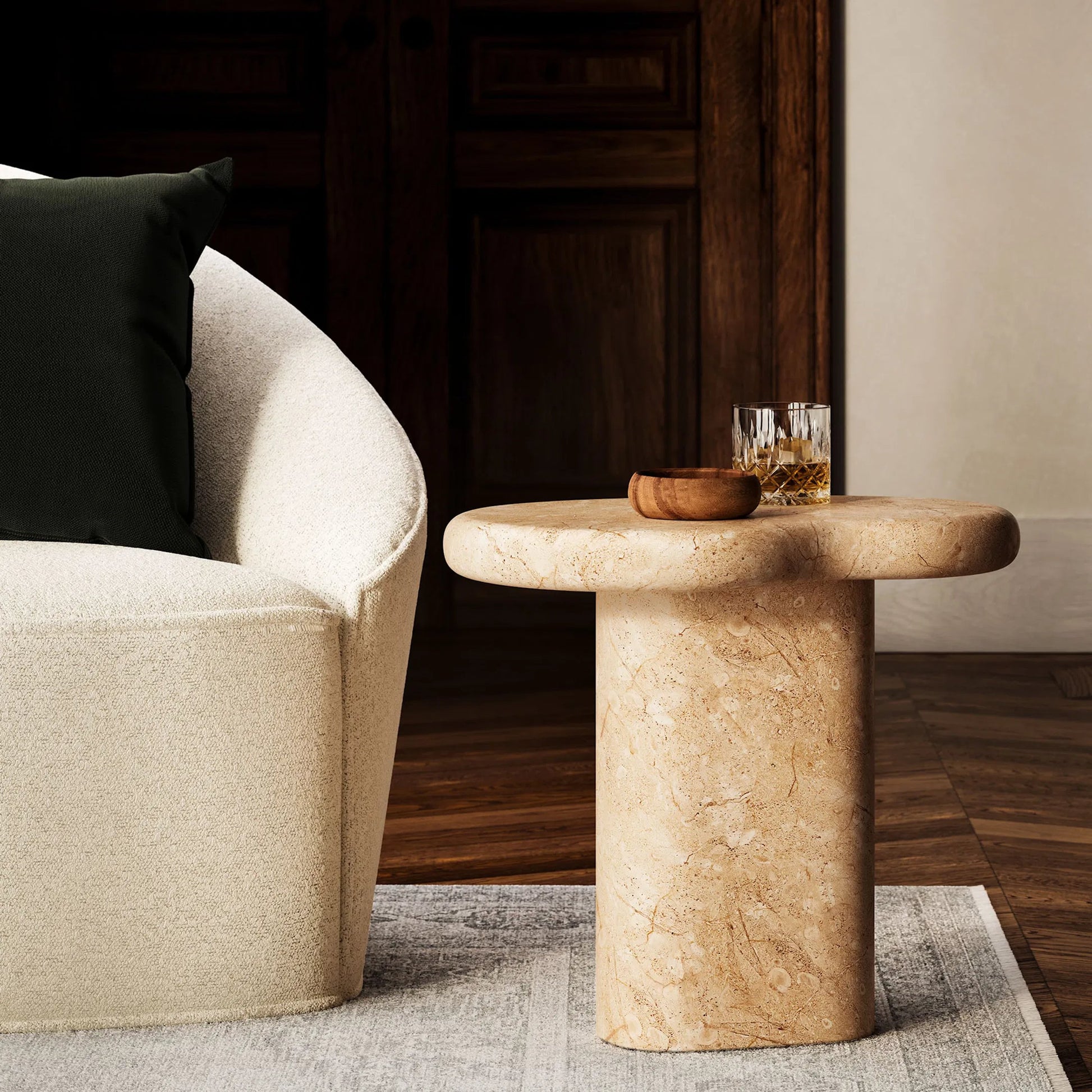Maury Indoor - Textured Faux Travertine Side Table by Evans & Londeen in travertine. Made from textured faux travertine in a transitional style.