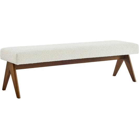 Fleming 63" Boucle Bench by Evans & Londeen. Made from boucle upholstered in a unique style.