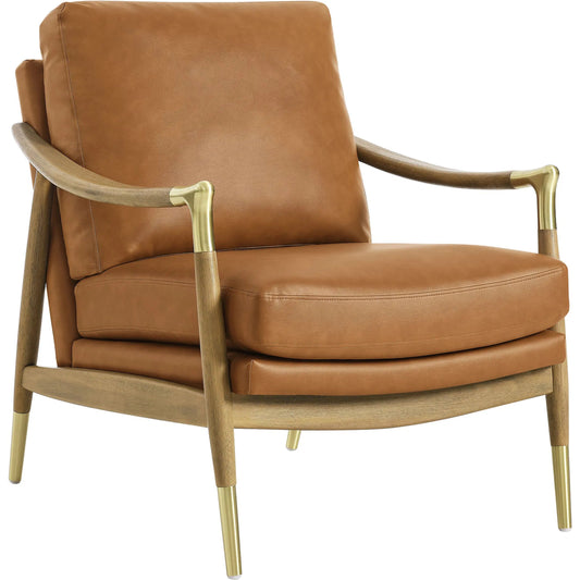 Caswell Vegan Accent Armchair by Evans & Londeen in tan walnut. Made from vegan leather in a unique style.