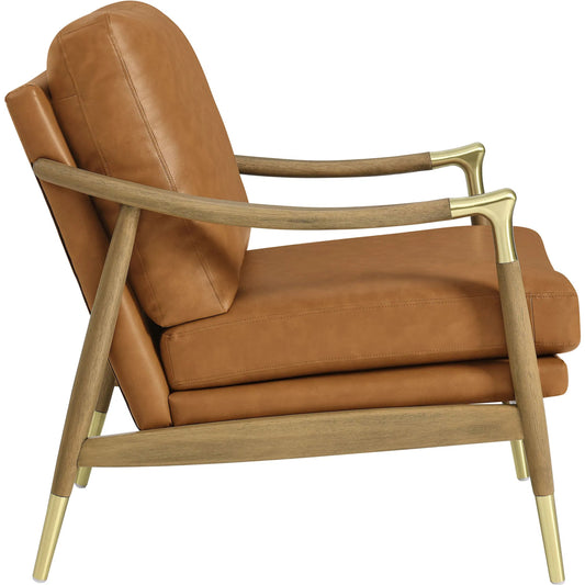 Caswell Vegan Accent Armchair by Evans & Londeen in tan walnut. Made from vegan leather in a unique style.