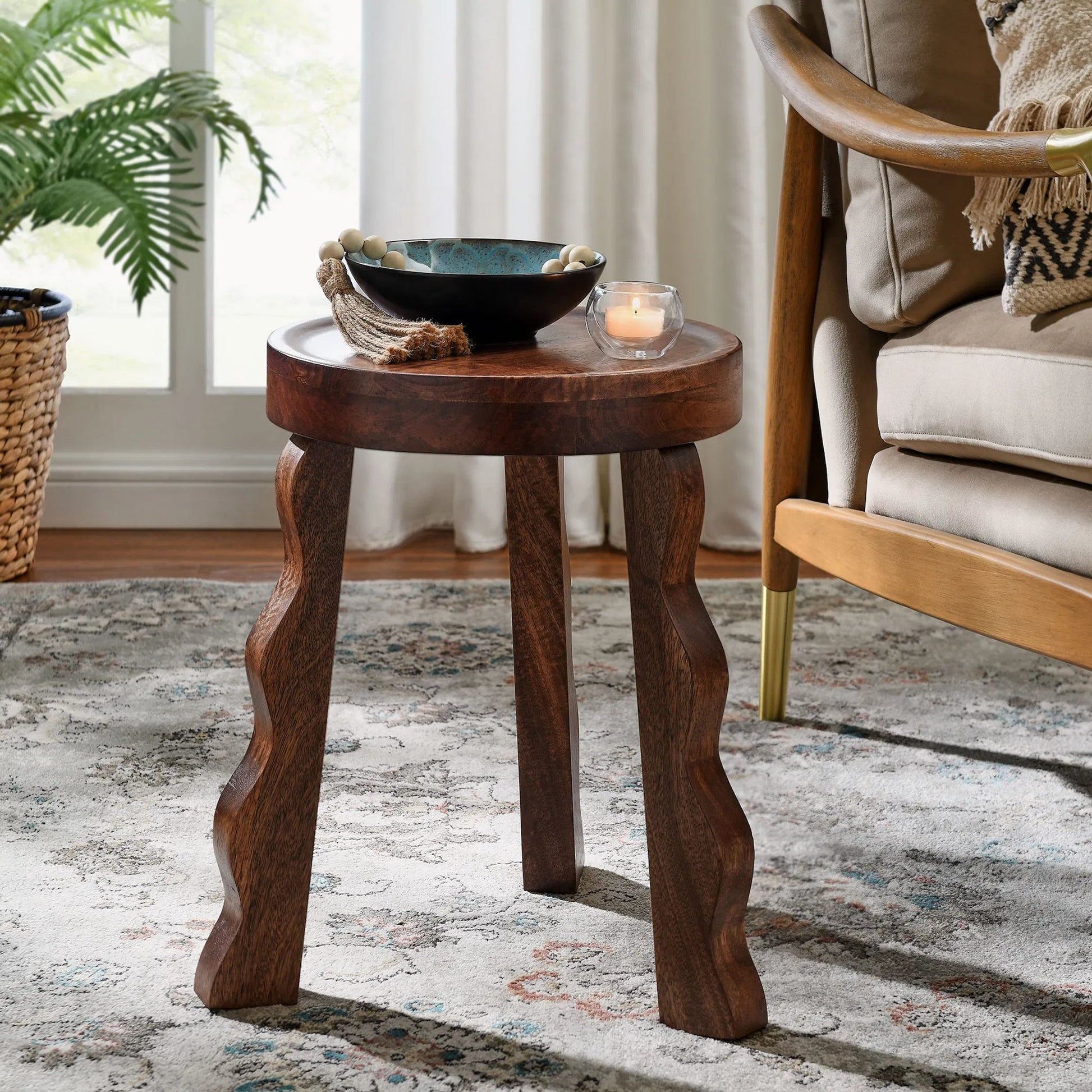 Lake Carved Wood Stool by Evans & Londeen in walnut. Made from carved wood in a transitional style.