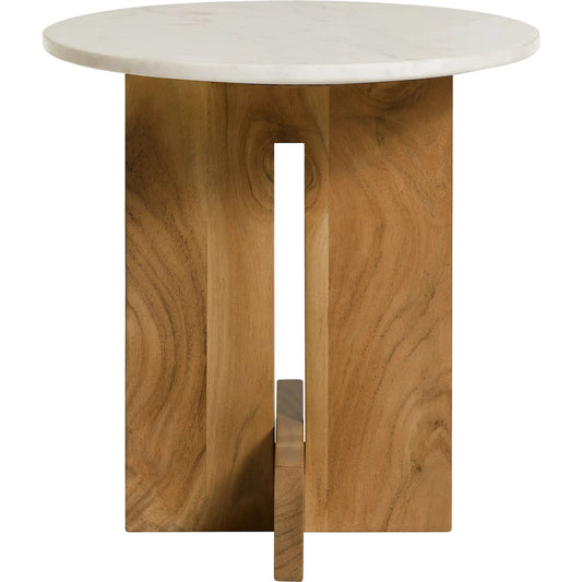 Fairfax Acacia Wood and Marble Side Table by Evans & Londeen in natural. Made from acacia wood, marble in a unique style.