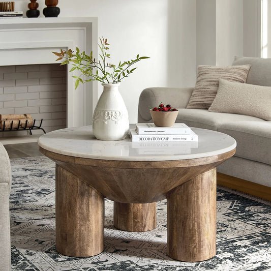 Koochiching 33" Round Wood Coffee Table With Marble Top by Evans & Londeen in walnut. Made from wood in a unique style.