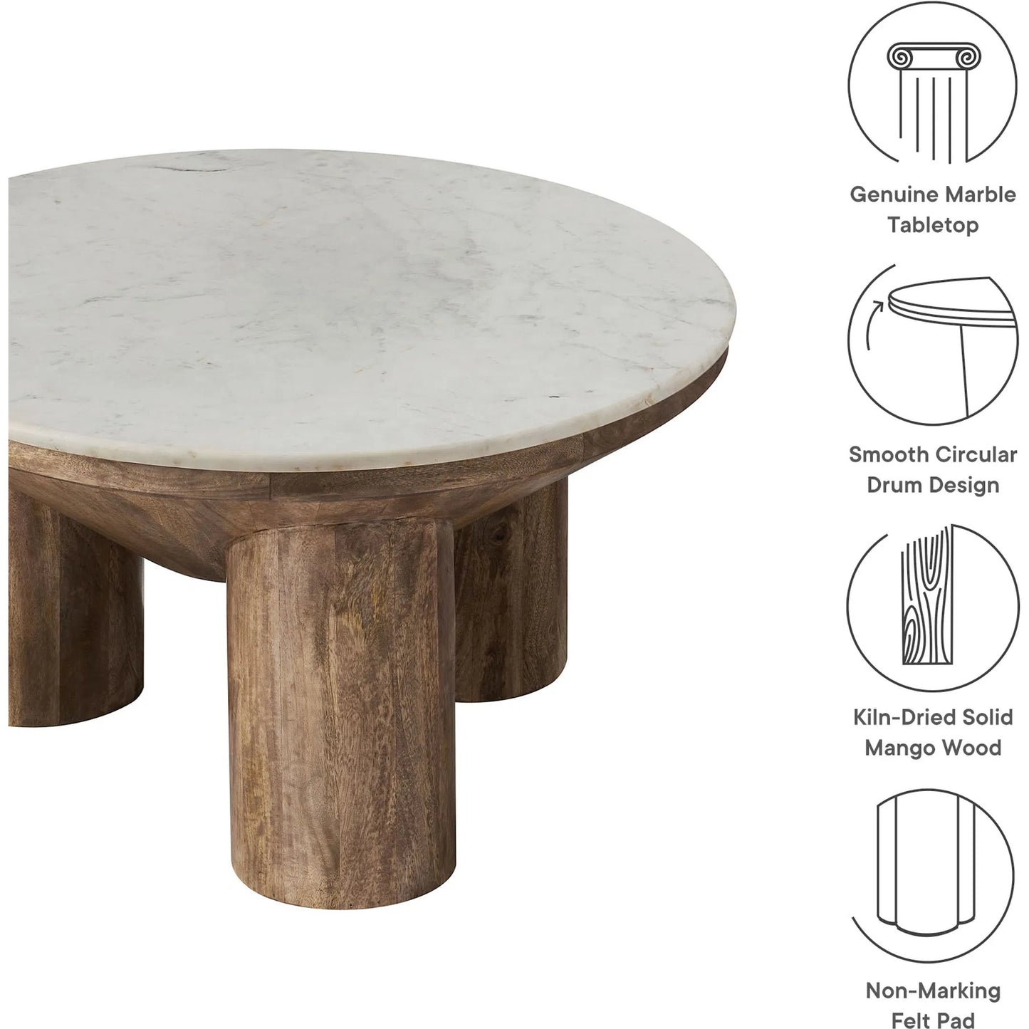 002 SI-2358404 | Closeup | Danville 33" Round Wood Coffee Table With Marble Top by Evans & Londeen in walnut. Made from wood in a modern style.