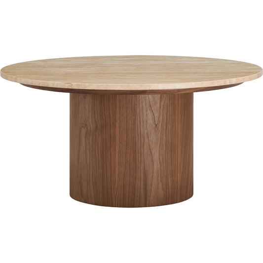 Ringgold Round Travertine Coffee Table by Evans & Londeen in walnut. Made from travertine in a unique style.