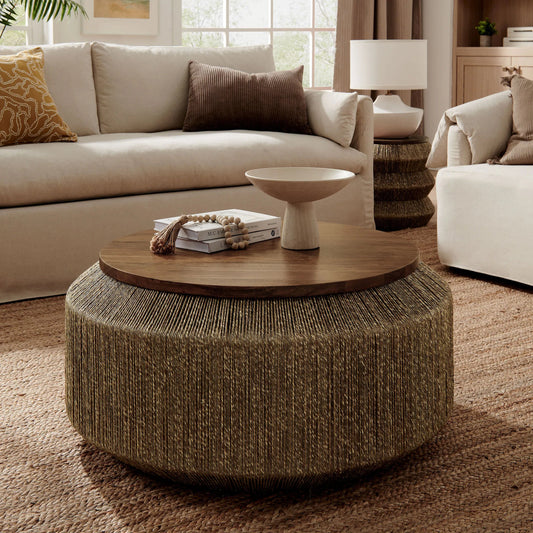 Alamota Seagrass and Wood Coffee Table by Evans & Londeen in walnut natural. Made from seagrass, wood in a rustic style.