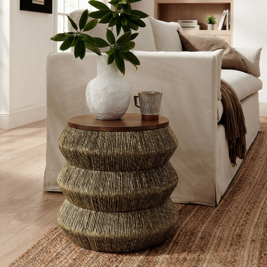 Alamota Seagrass and Wood End Table by Evans & Londeen in walnut natural. Made from seagrass, wood in a rustic style.