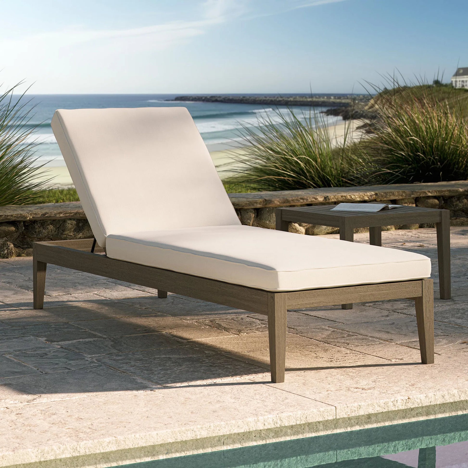 Galt Teak Chaise Lounge by Evans & Londeen in weathered gray white. Made from teak in a transitional style.