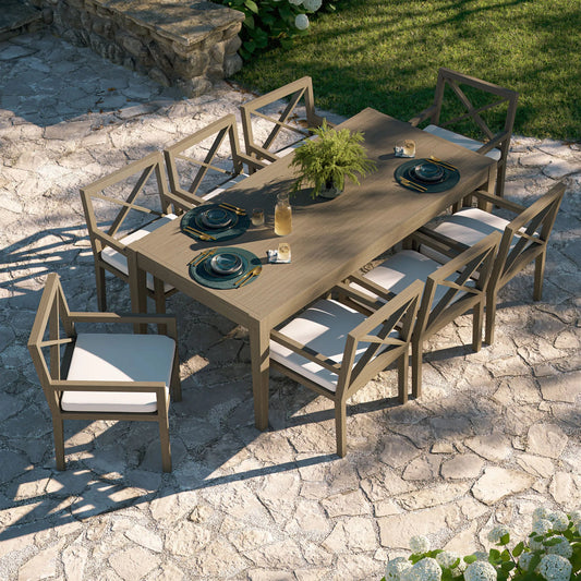Galt 9-Piece Teak Wood Dining Set by Evans & Londeen in weathered gray. Made from teak wood in a transitional style.