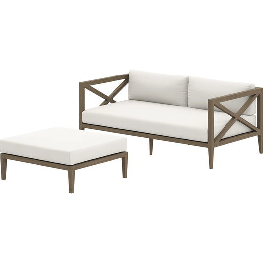 Galt Teak Wood Loveseat and Ottoman Set by Evans & Londeen in weathered gray. Made from teak wood in a transitional style.