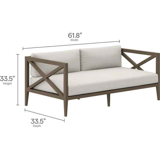 Galt Teak Wood Loveseat and Ottoman Set by Evans & Londeen in weathered gray. Made from teak wood in a transitional style.