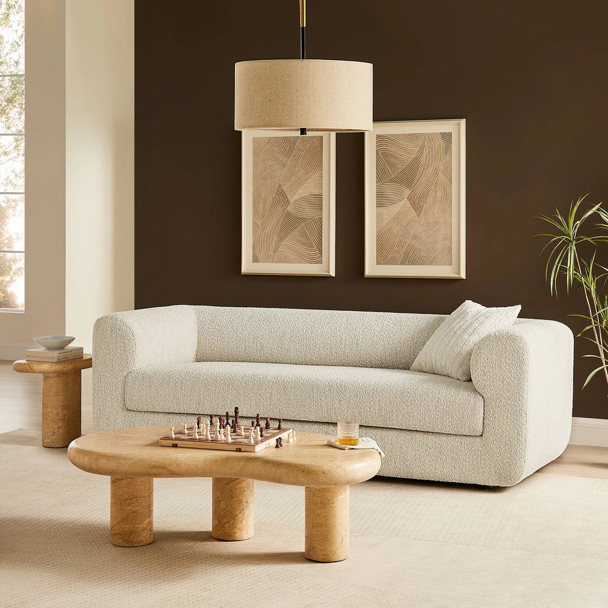 Pipestone 89" Boucle Sofa by Evans & Londeen in pearl. Made from boucle upholstered in a transitional style.