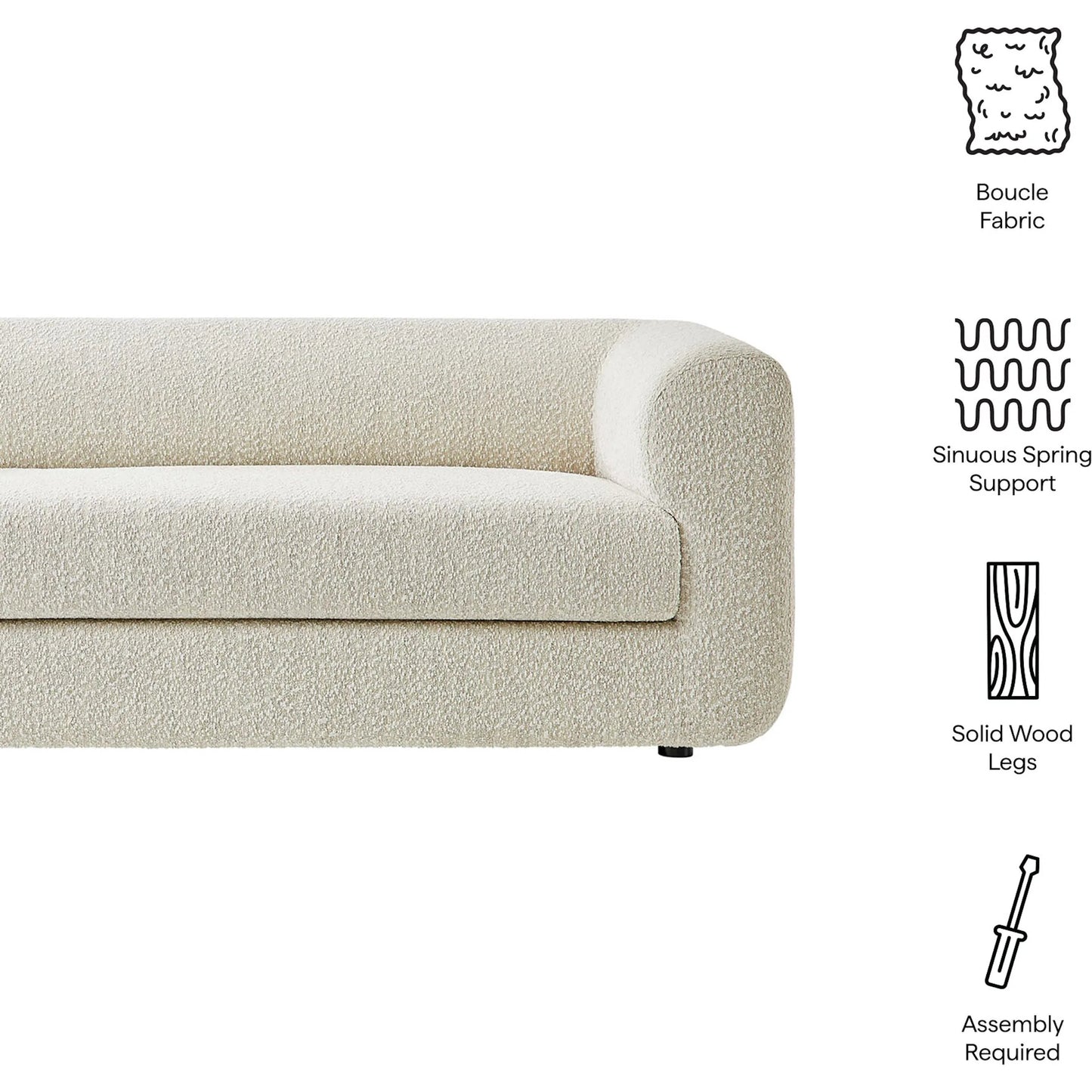 001 SI-2358590 | Closeup | Pipestone 89" Boucle Sofa by Evans & Londeen in pearl. Made from boucle upholstered in a transitional style.