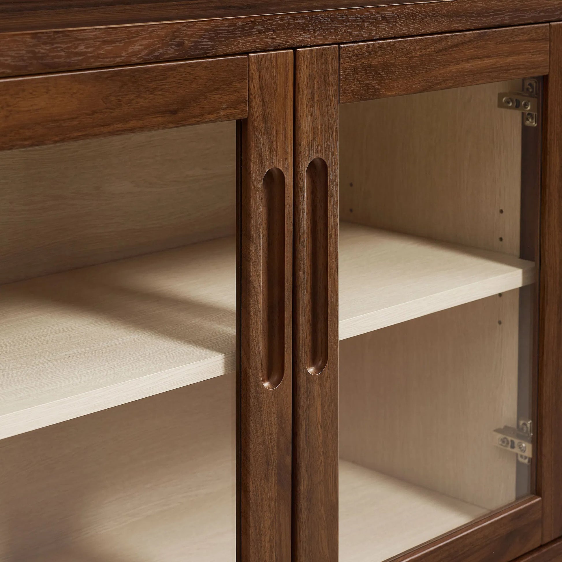 Arecibo 72" Glass Door Sideboard Storage Display Cabinet by Evans & Londeen in walnut. Made from glass door in a traditional style.