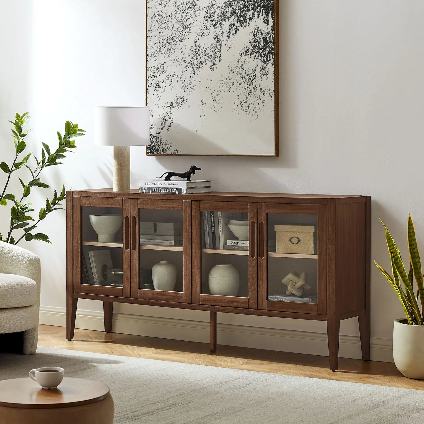 008 SI-2453539 | Lifestyle | Arecibo 72" Glass Door Sideboard Storage Display Cabinet by Evans & Londeen in walnut. Made from glass door in a traditional style.