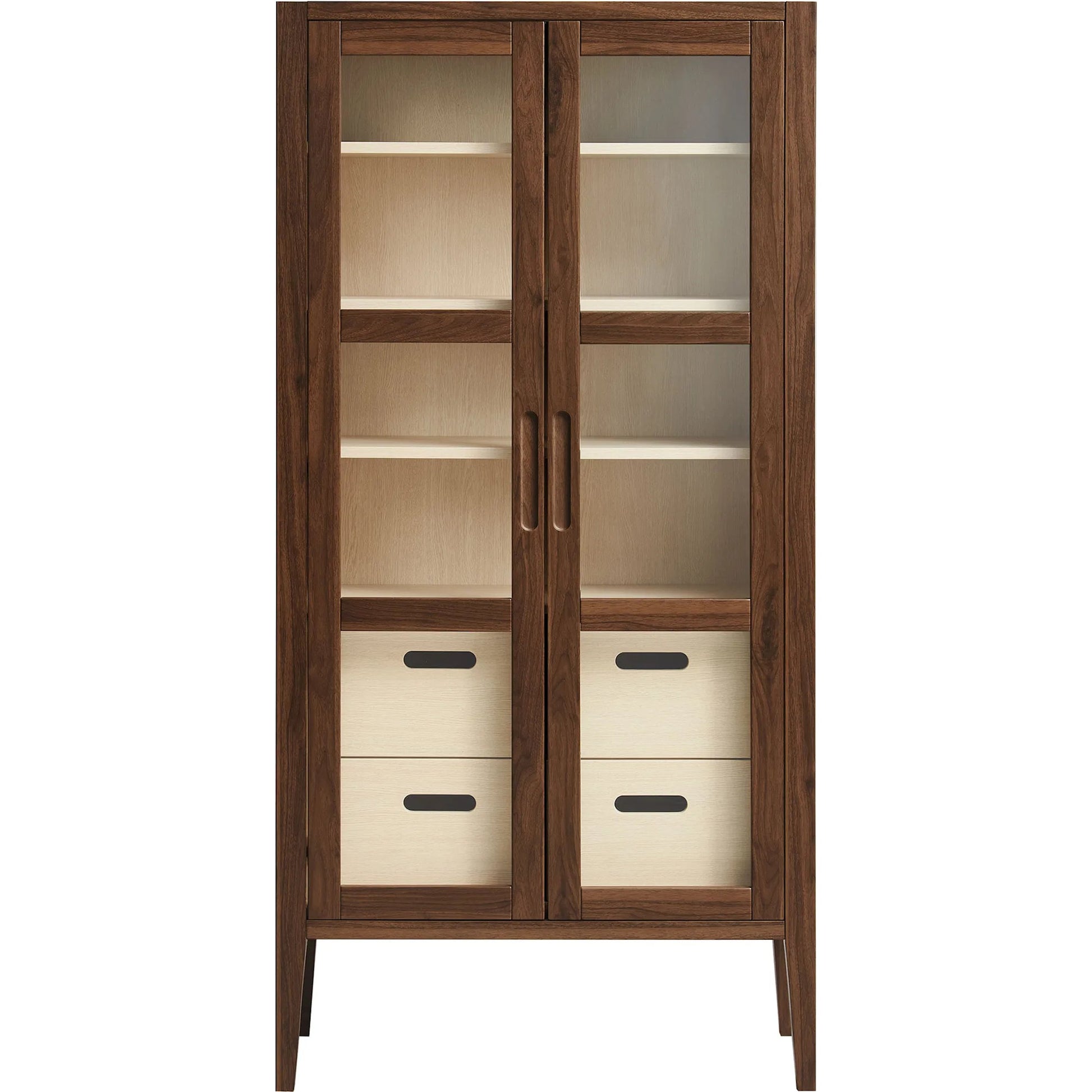 Arecibo 71" Glass Door Tall Display Storage Cabinet by Evans & Londeen in walnut. Made from glass door in a traditional style.