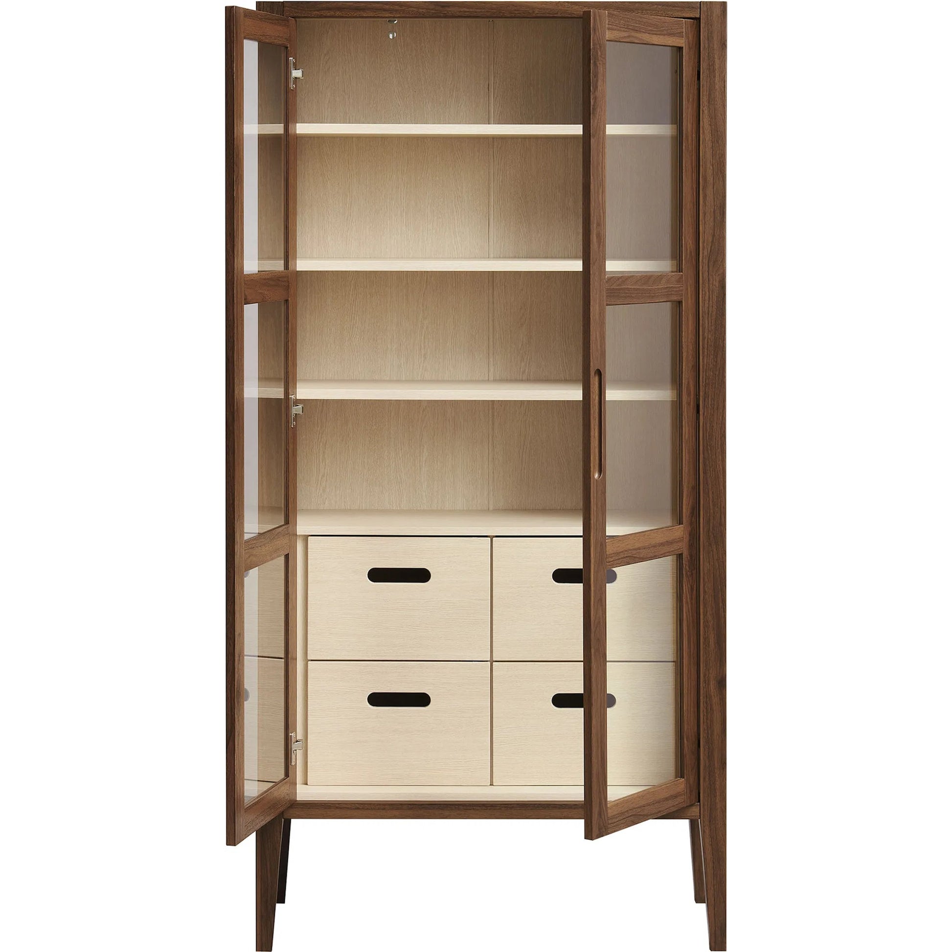 Arecibo 71" Glass Door Tall Display Storage Cabinet by Evans & Londeen in walnut. Made from glass door in a traditional style.