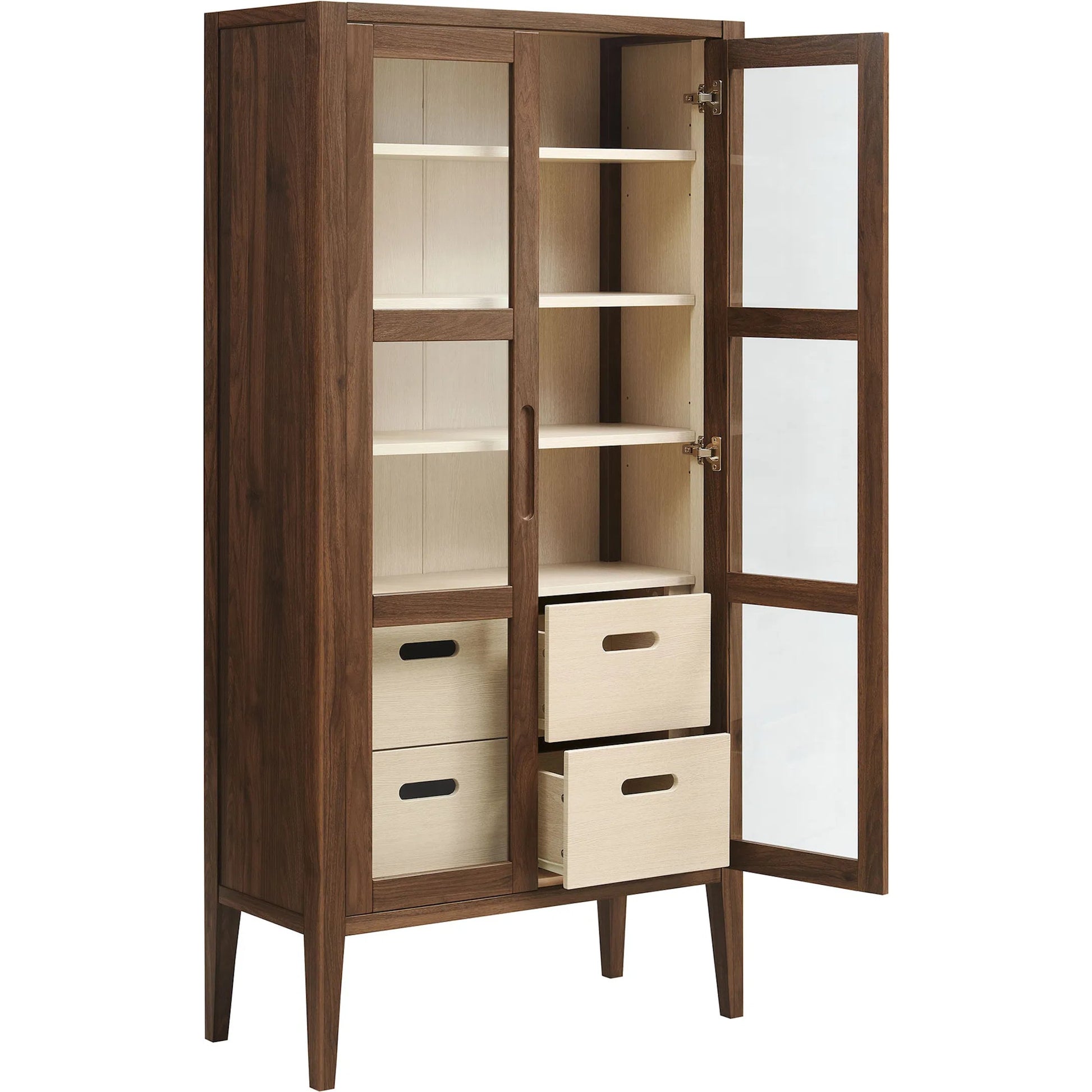 Arecibo 71" Glass Door Tall Display Storage Cabinet by Evans & Londeen in walnut. Made from glass door in a traditional style.