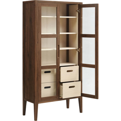 Arecibo 71" Glass Door Tall Display Storage Cabinet by Evans & Londeen in walnut. Made from glass door in a traditional style.