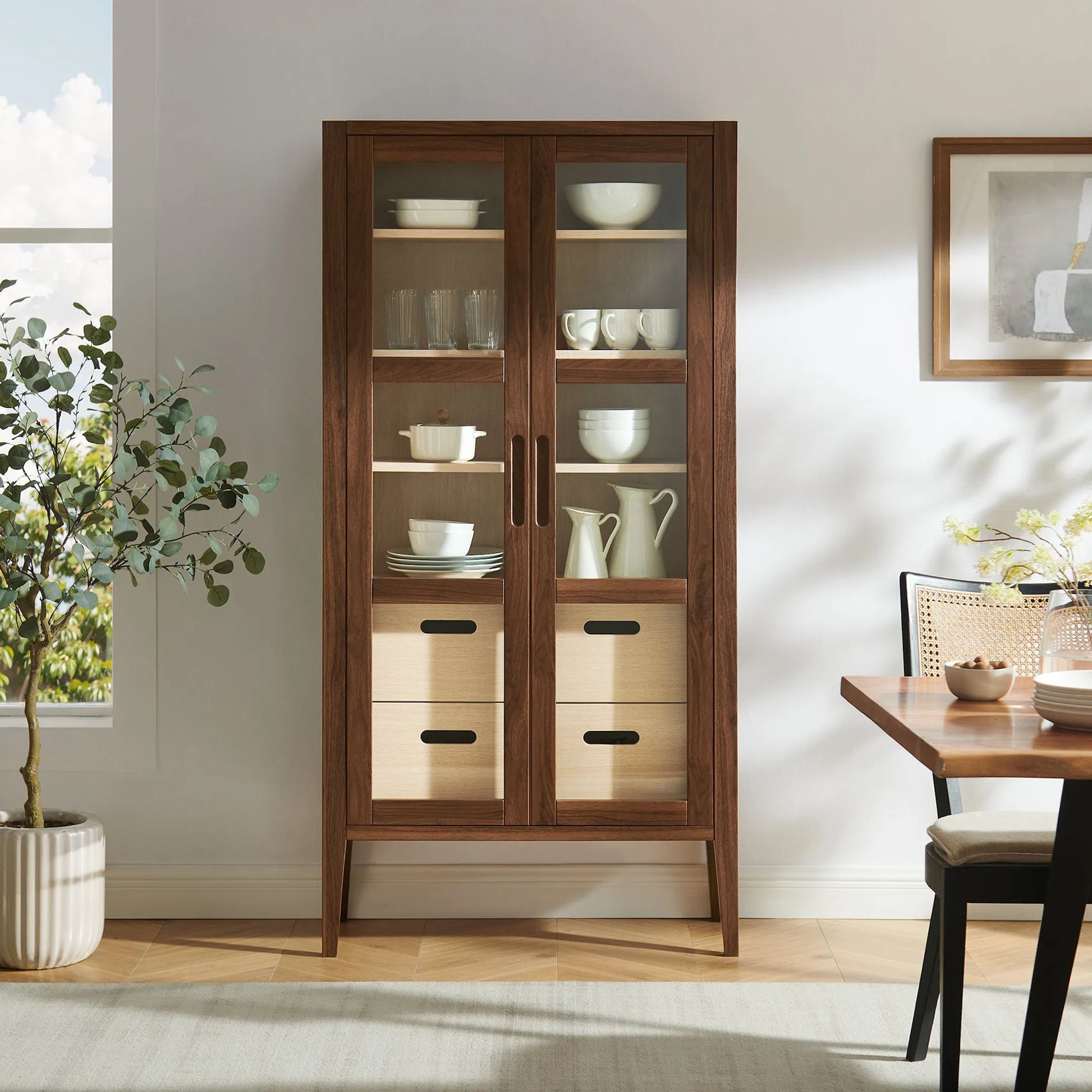 Arecibo 71" Glass Door Tall Display Storage Cabinet by Evans & Londeen in walnut. Made from glass door in a traditional style.