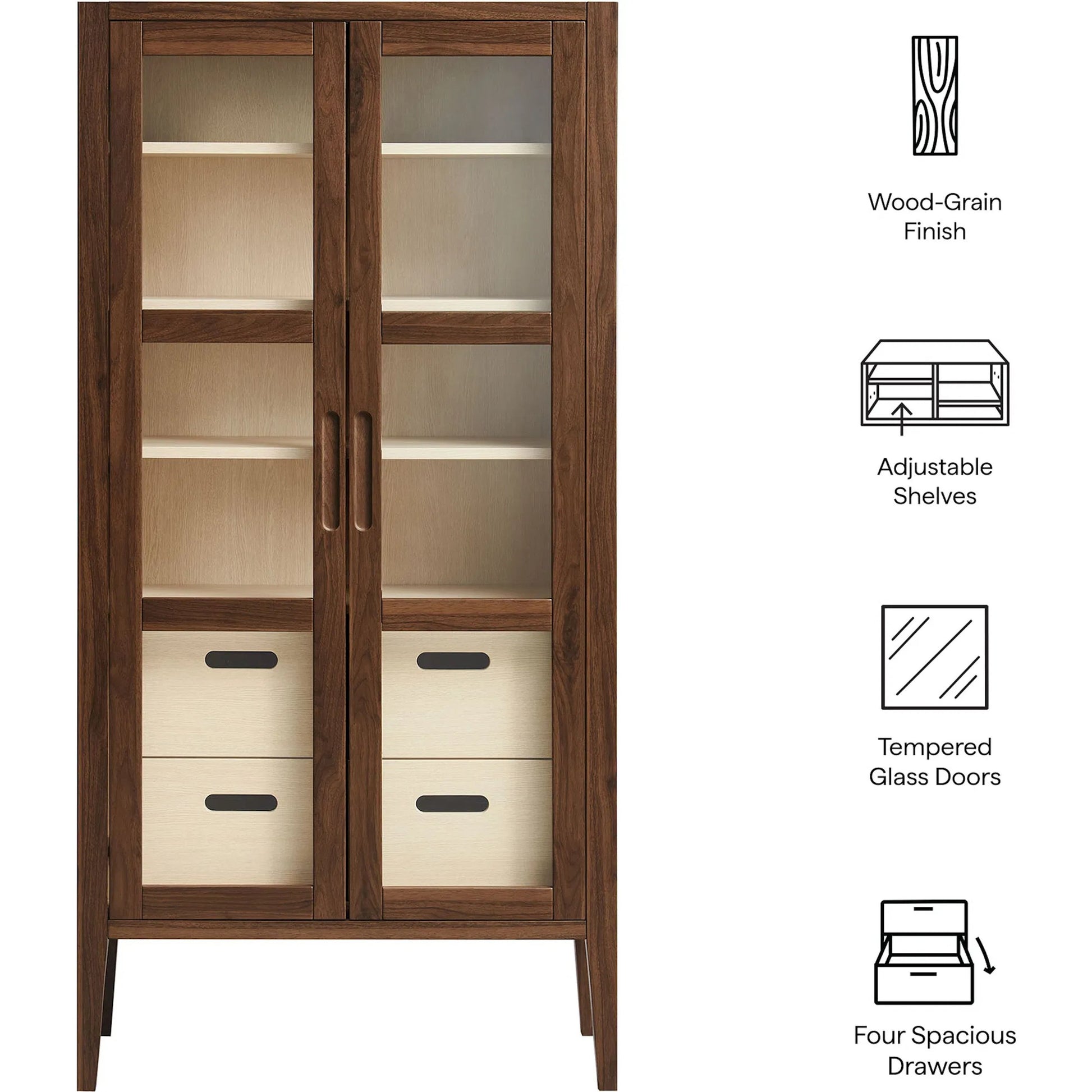 Arecibo 71" Glass Door Tall Display Storage Cabinet by Evans & Londeen in walnut. Made from glass door in a traditional style.