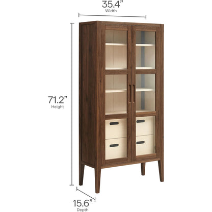 Arecibo 71" Glass Door Tall Display Storage Cabinet by Evans & Londeen in walnut. Made from glass door in a traditional style.