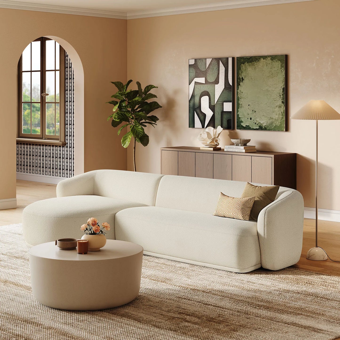 007 SI-2527813 | Lifestyle | Gardner 2 Piece Boucle Modular Sofa with Chaise by Evans & Londeen. Made from boucle fabric in a transitional style.