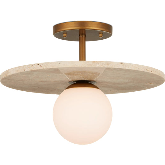 Apricity Semi-Flush Mount by Currey and Company in beige, antique brass, frosted white. Made from travertine, metal, glass in a modern style.