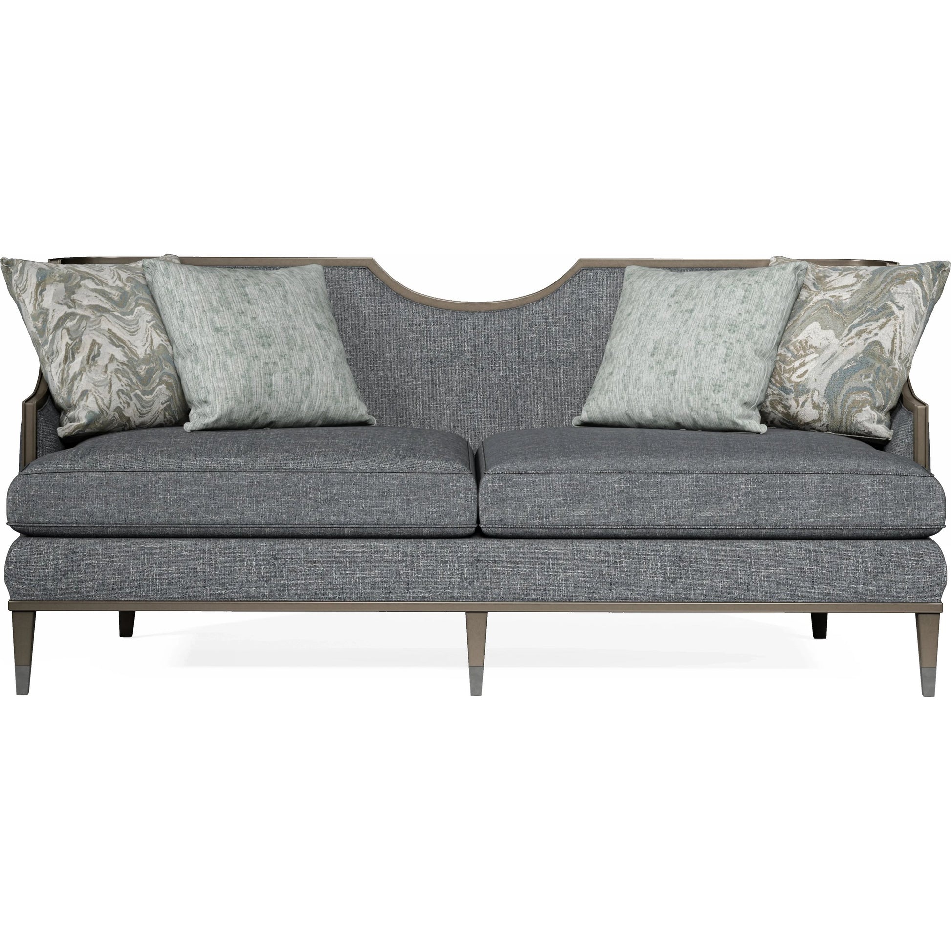 Harper Sofa by A.R.T. Furniture in blue and mica, lichen. Made from rubberwood solids, foam, fabric, metal in a traditional style.