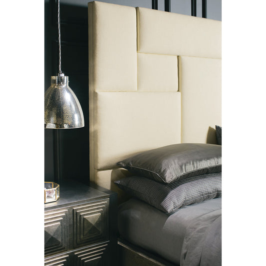 Mosaic Upholstered Bed by Bernhardt in dark taupe. Made from white oak veneers, fabric in a unique style.