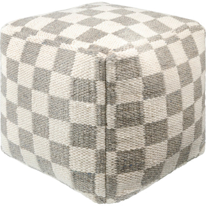 Preethi Pouf by Surya in off-white, sterling grey. Made from top: 80% wool, 20% cotton, bottom: 100% cotton, fill: 100% polybeads in a modern style.