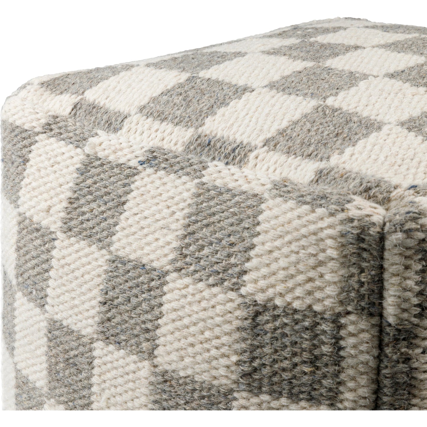 002 SI-2050620 | Closeup | Preethi Pouf by Surya in off-white, sterling grey. Made from top: 80% wool, 20% cotton, bottom: 100% cotton, fill: 100% polybeads in a modern style.
