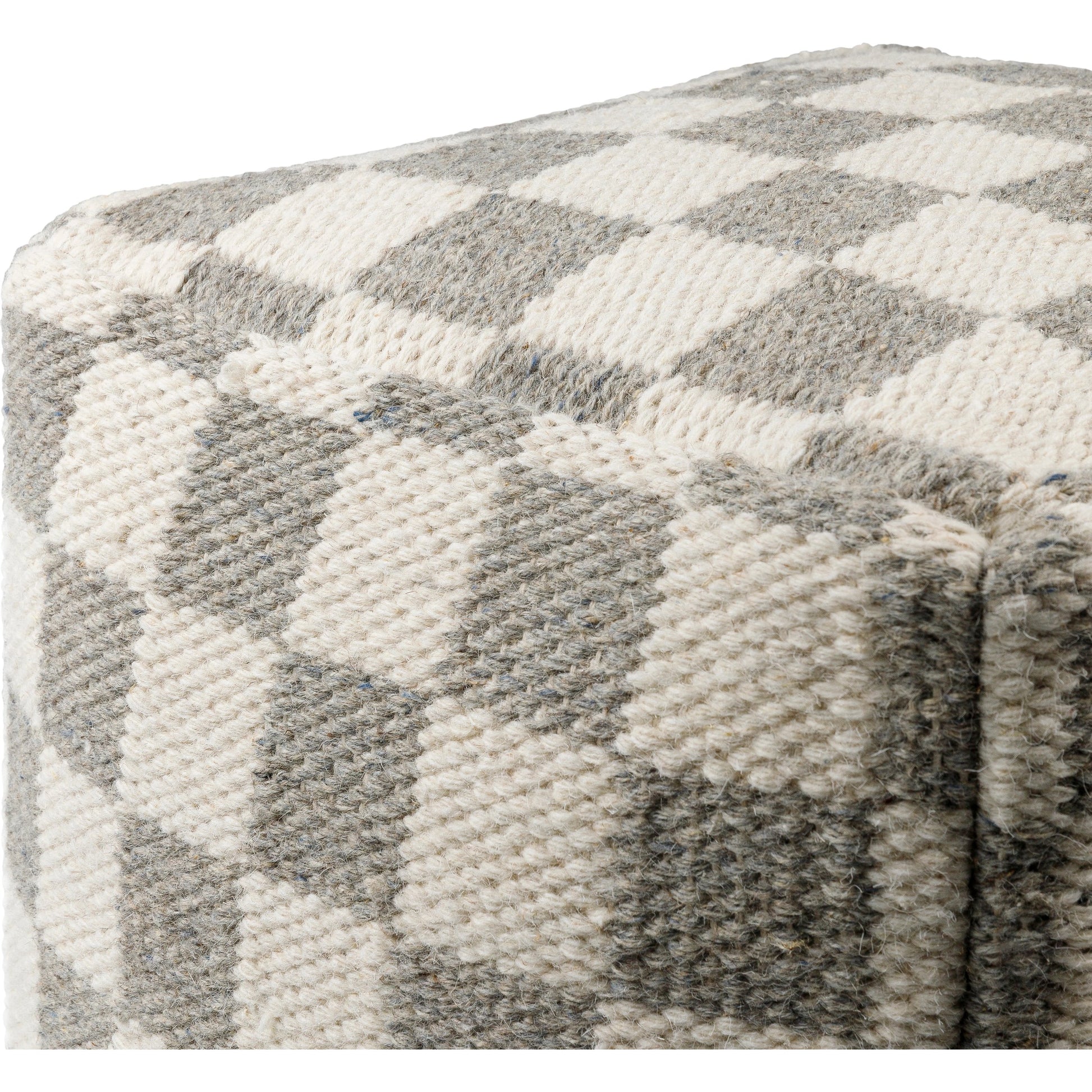 Preethi Pouf by Surya in off-white, sterling grey. Made from top: 80% wool, 20% cotton, bottom: 100% cotton, fill: 100% polybeads in a modern style.