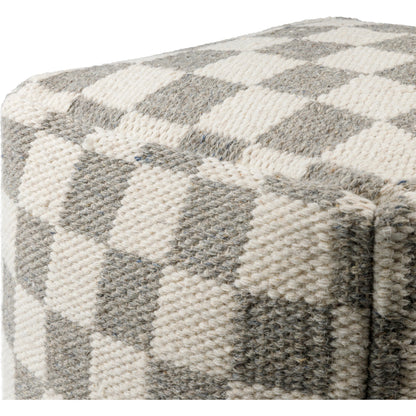 Preethi Pouf by Surya in off-white, sterling grey. Made from top: 80% wool, 20% cotton, bottom: 100% cotton, fill: 100% polybeads in a modern style.