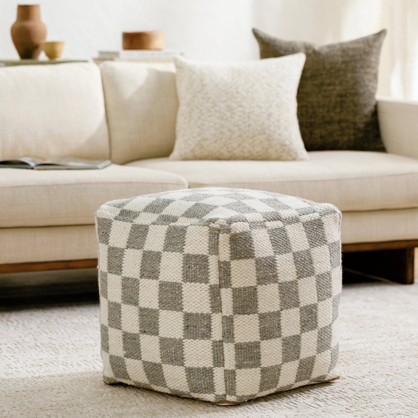 004 SI-2050620 | Lifestyle | Preethi Pouf by Surya in off-white, sterling grey. Made from top: 80% wool, 20% cotton, bottom: 100% cotton, fill: 100% polybeads in a modern style.