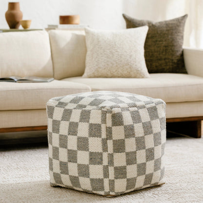 Preethi Pouf by Surya in off-white, sterling grey. Made from top: 80% wool, 20% cotton, bottom: 100% cotton, fill: 100% polybeads in a modern style.