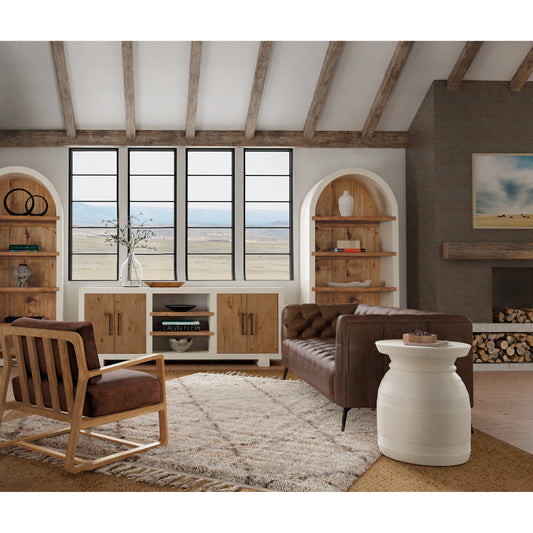 Big Sky Tahoe Entertainment Console by Hooker Furniture in avalanche white, vintage natural. Made from maple, pecky hickory veneers, solid-wood edged top in a modern style.