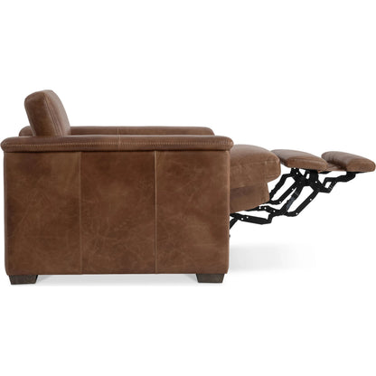 Lioni Leather Power Motion Chair by Bernhardt in brown. Made from leather in a traditional style.