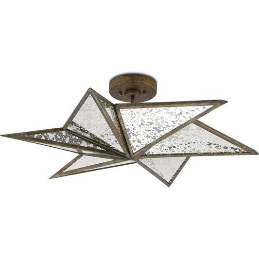 Stargazer Semi-Flush Mount by Currey and Company in pyrite bronze, raj mirror. Made from wrought iron, glass in a modern style.