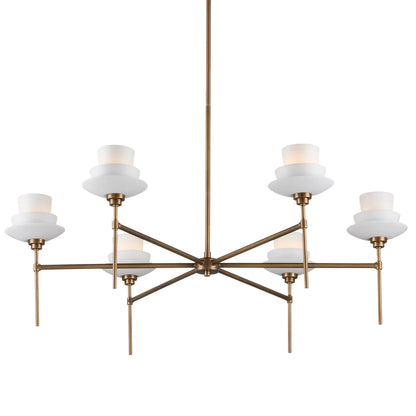 Etiquette Chandelier by Currey and Company in antique brass, white. Made from metal, bone china in a modern style.