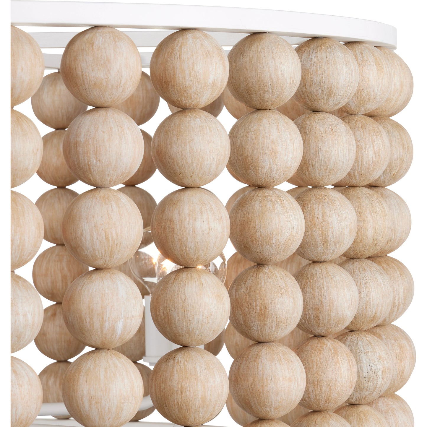 004 SI-2133954 | Closeup | Holcroft Chandelier by Currey and Company in sandstone, sugar white. Made from wood beads, wrought iron in a modern style.