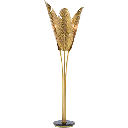 Tropical Floor Lamp by Currey and Company in vintage brass, black. Made from brass, iron, granite in a transitional style.