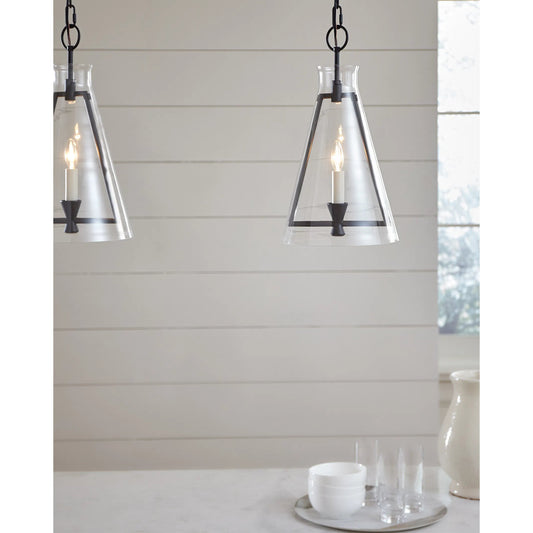 Keystone Medium Pendant by Visual Comfort & Co. in aged iron. Made from steel in a unique style.