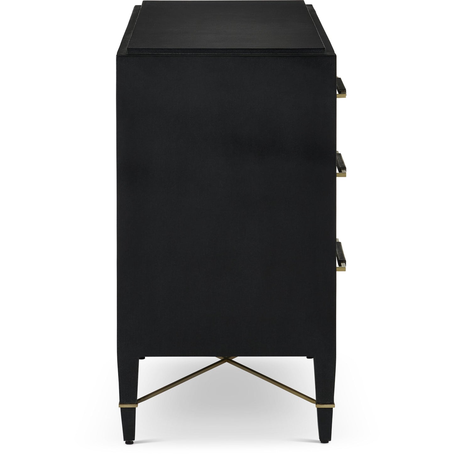 009 SI-2007903 | Additional Silo | Verona Three-Drawer Chest by Currey and Company in lacquered black linen, champagne. Made from black linen, mahogany, brass, iron in a traditional style.