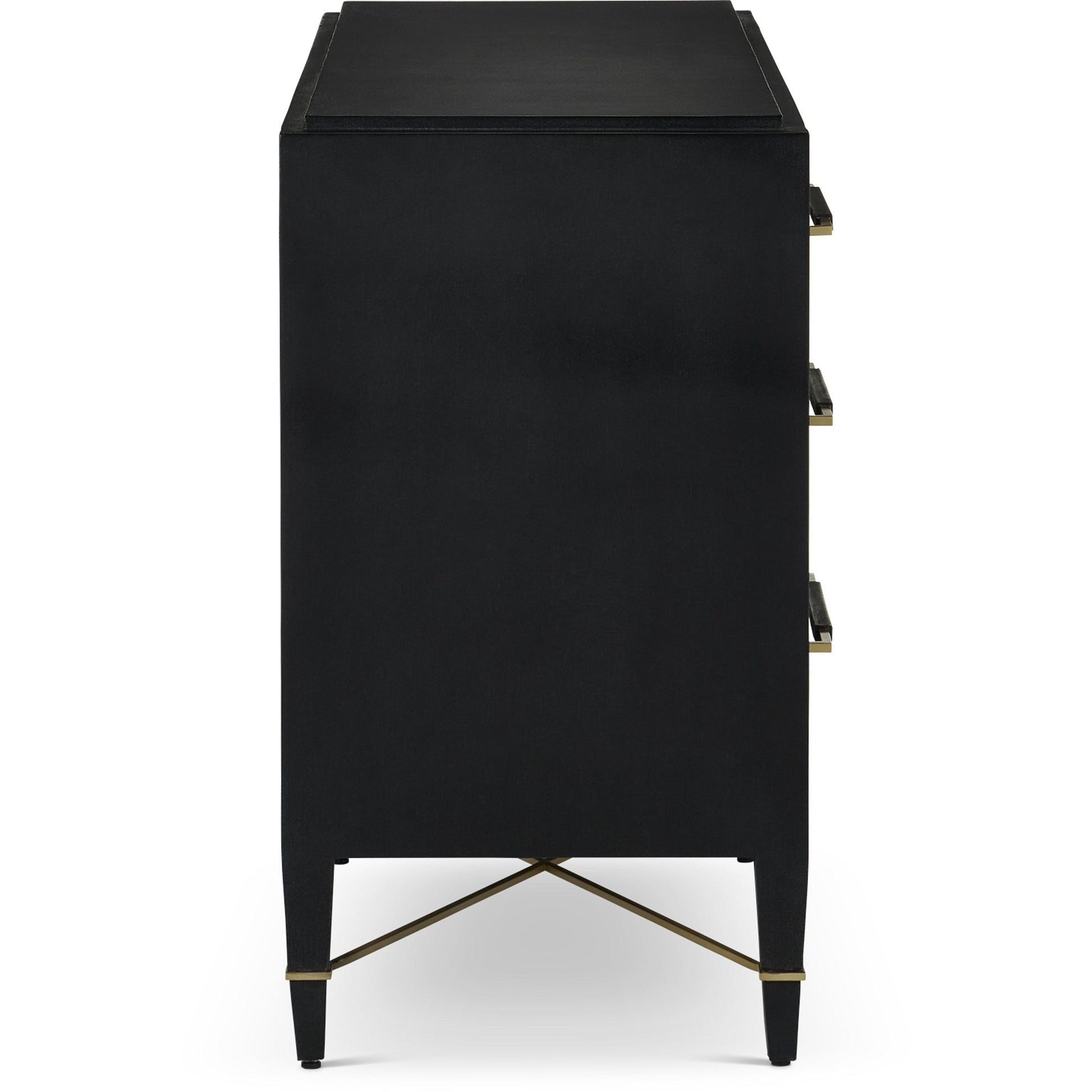 Verona Three-Drawer Chest by Currey and Company in lacquered black linen, champagne. Made from black linen, mahogany, brass, iron in a traditional style.