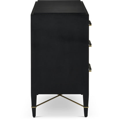 Verona Three-Drawer Chest by Currey and Company in lacquered black linen, champagne. Made from black linen, mahogany, brass, iron in a traditional style.