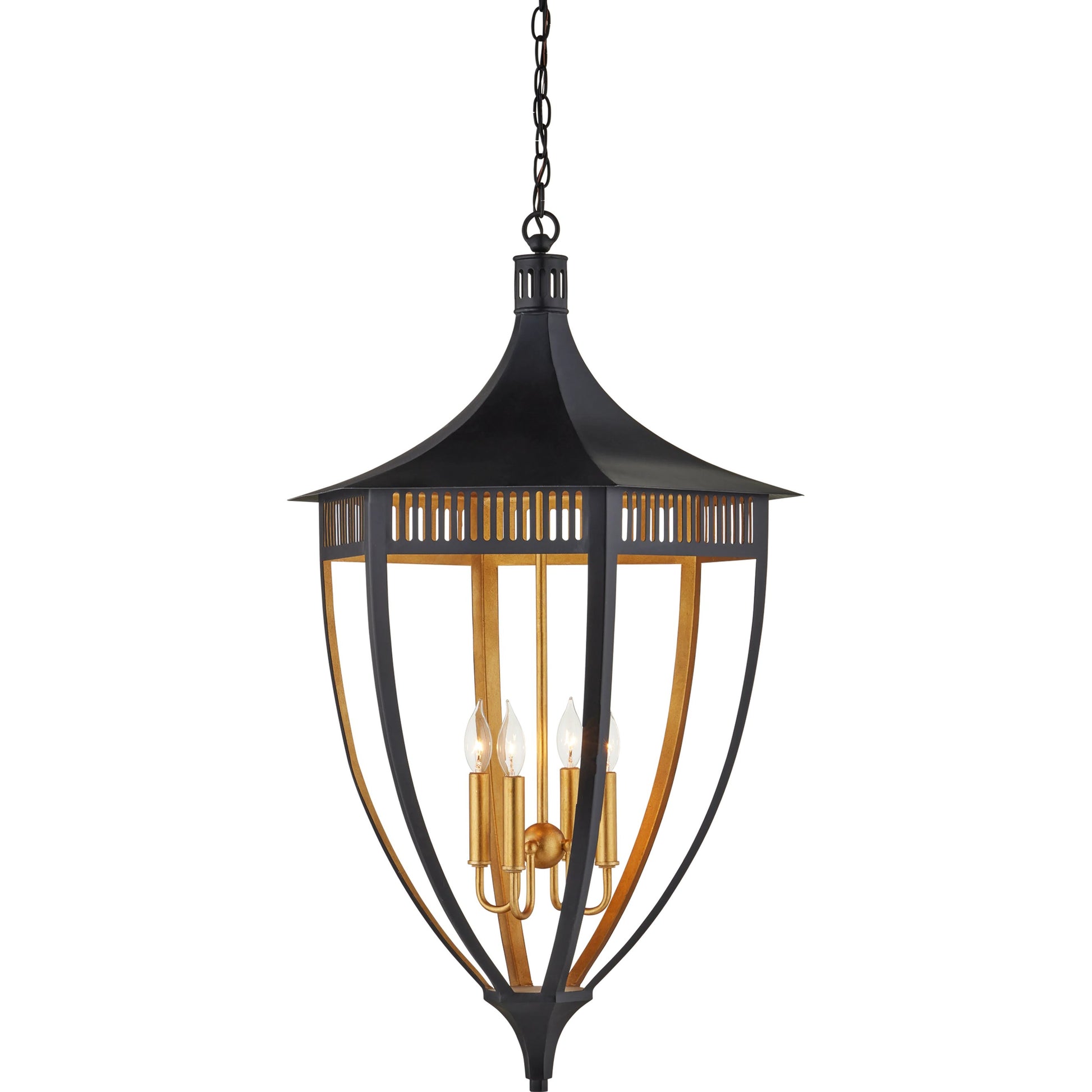 Wycombe Lantern by Currey and Company in satin black, contemporary gold leaf. Made from wrought iron in a modern style.